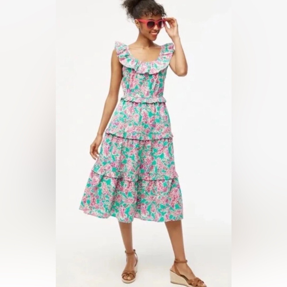 J. Crew Pink Floral Swiss Dot Ruffle Tiered Midi Dress Sz 18